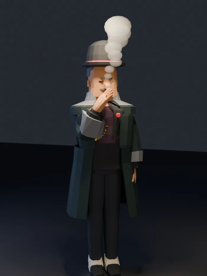 A render of the Don: a low-poly figure in a bowler hat with a red band and a long dark coat, cigar smoke rising past his hat.