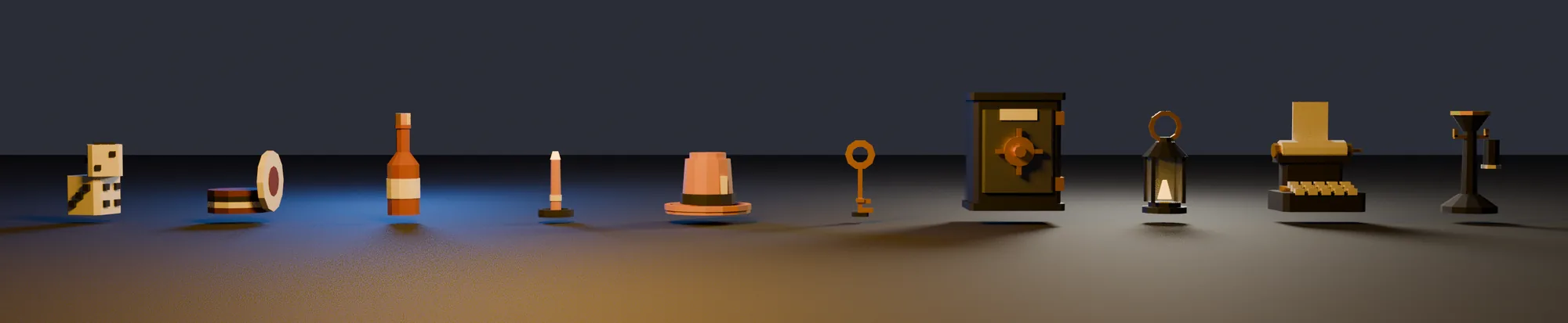 A render of ten figurines in a row on a dark floor: a pair of dice, a stack of poker chips, a whiskey bottle, a candle, a fedora, a key, a safe, a lantern, a typewriter and a candlestick telephone.