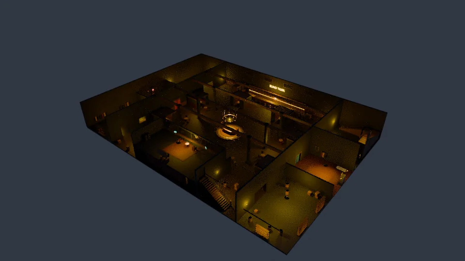 An overhead cutaway render of the Blind Tiger: a dark speakeasy of lamp-lit rooms around a central table.