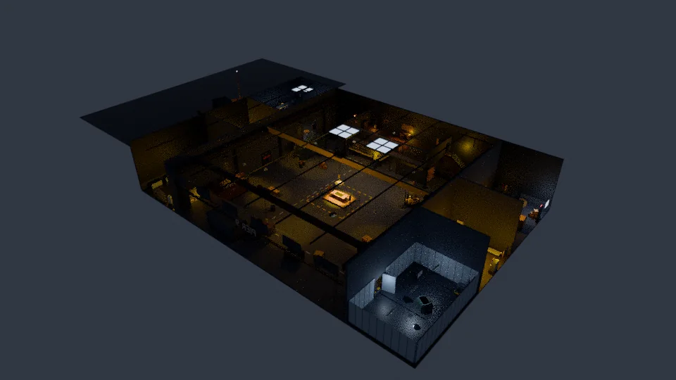 An overhead cutaway render of Pier 9: a dockside warehouse with skylights, a lit table at its centre and a cold store in one corner.