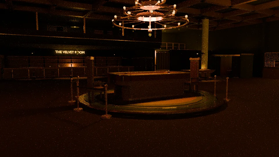 A render inside the Velvet Room: a card table on a round dais under a ringed chandelier, the venue's name lit on the far wall.