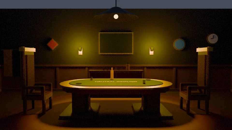 A render of the lobby room: an oval card table reading 'Neutral Ground' under a single hanging lamp, a high-backed chair at each end, wall sconces glowing in the dark.
